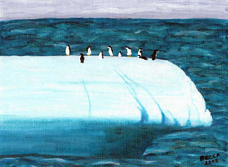 Acrylic Painting of Penguins on Ice Berg by Phyllis Recca
